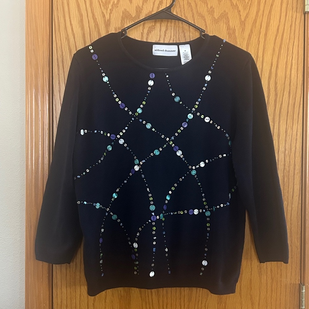 Alfred Dunner Navy Blue Sweater with Vibrant Beaded Sequin Pattern Sz M